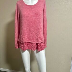 Pink Mohair Knit Sweater w/ Viscose Floral Layer, Boat Neck, Long Sleeve, Sz M